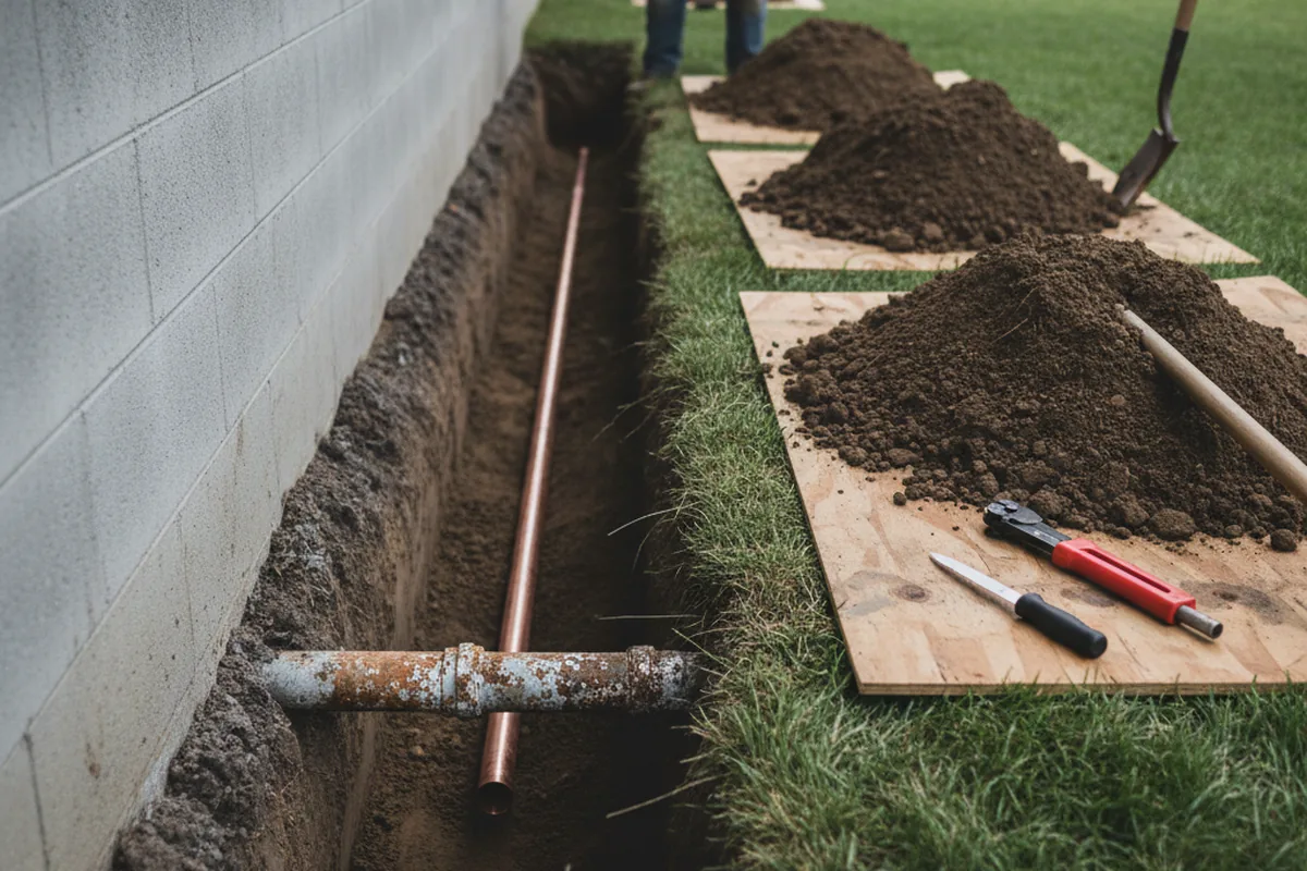 Excavated water line trench during Sewer Line Repair in Shady Dale